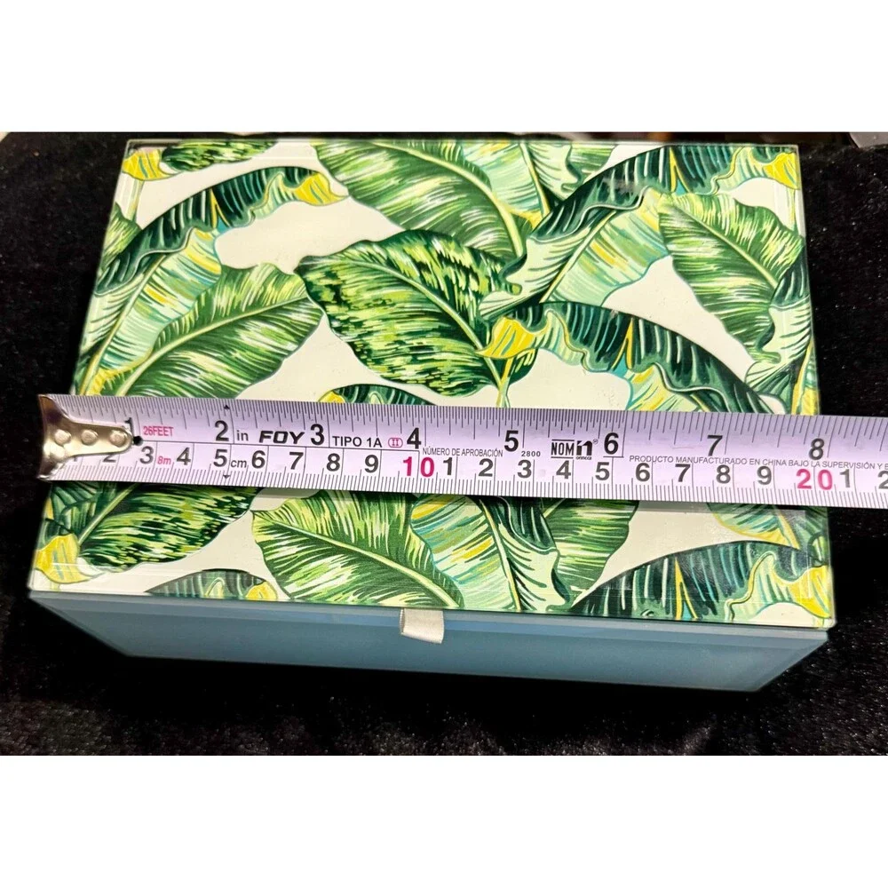 Tommy Bahama Glass Keepsake Box Tropical Banana Leaf Print - Jewelry Box Storage